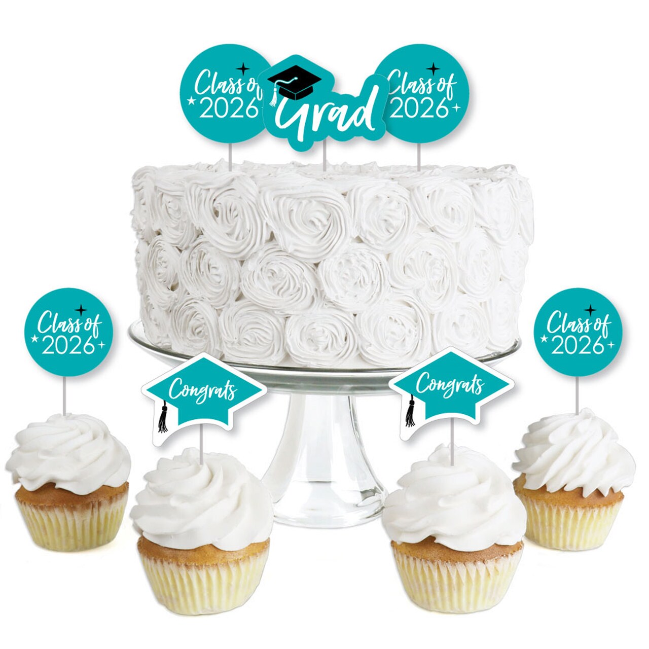Big Dot of Happiness Teal 2026 Graduation Party - Dessert Cupcake Toppers - Clear Treat Picks - Set of 24